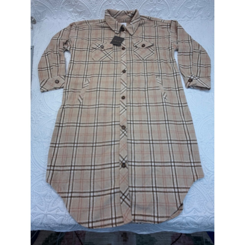 Le Lis Collection Tan Plaid Longline Shacket Button Front Jacket SJ6853 Large